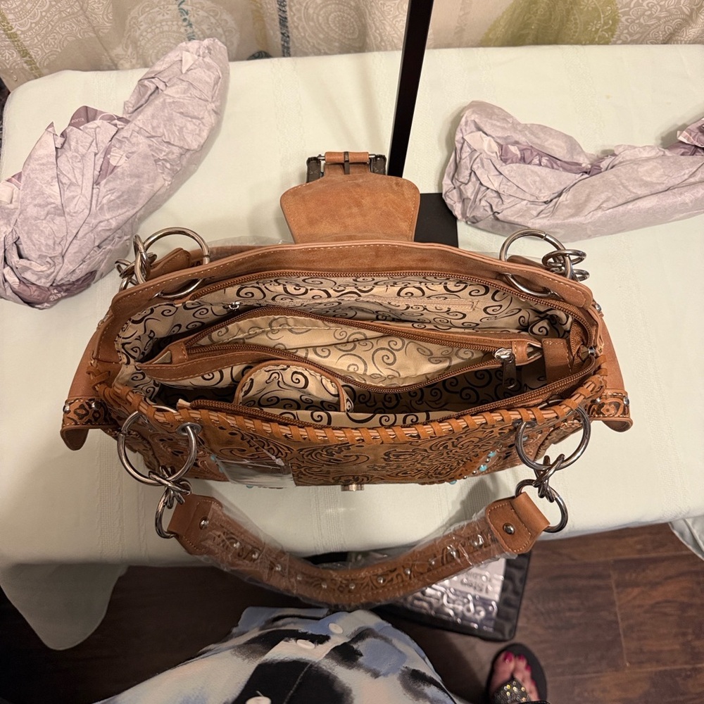 Carved Brown Shoulder Bag with Turquoise Buckle Accent - Picture 4 of 5